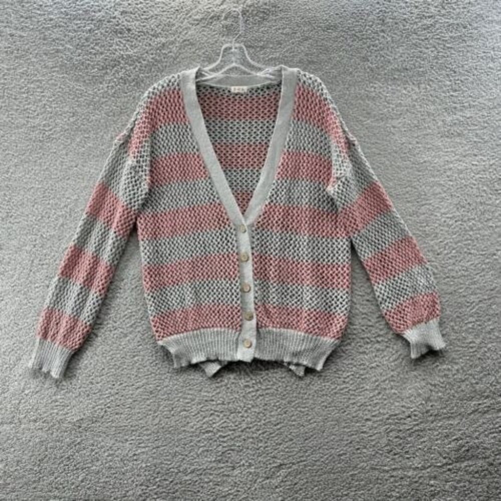P‎ O L Sweater Women's Large Gray & Pink 5 Button Crochet Sweater Ladies L